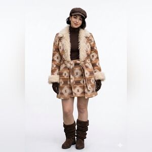 ​Grace & Emma Faux Suede Geometric Set - Shearling Trim Jacket & Mini Skirt